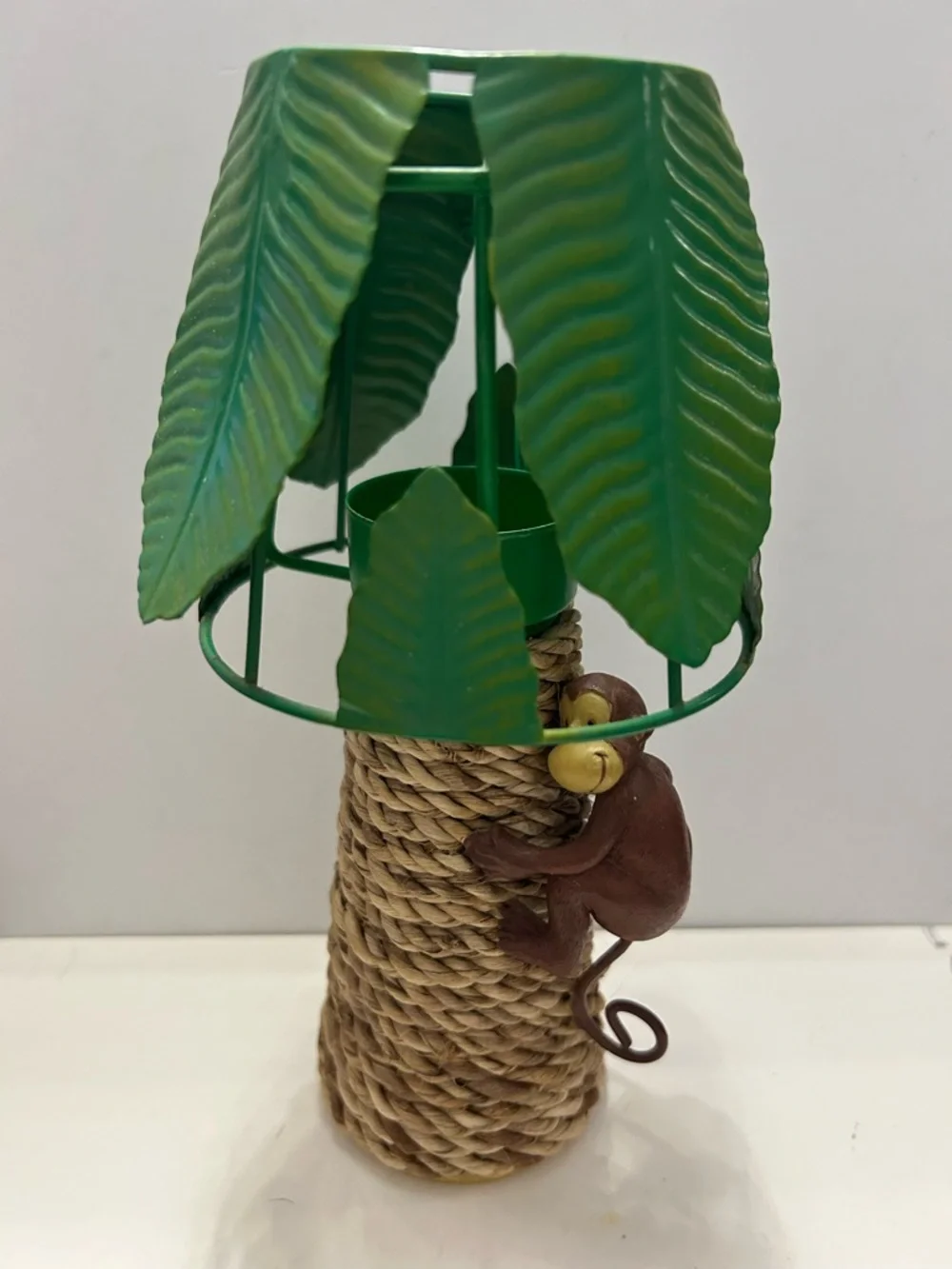 Vintage Palm Tree Wicker Tealight Monkey and Removable Metal Tealight Leaf Shade